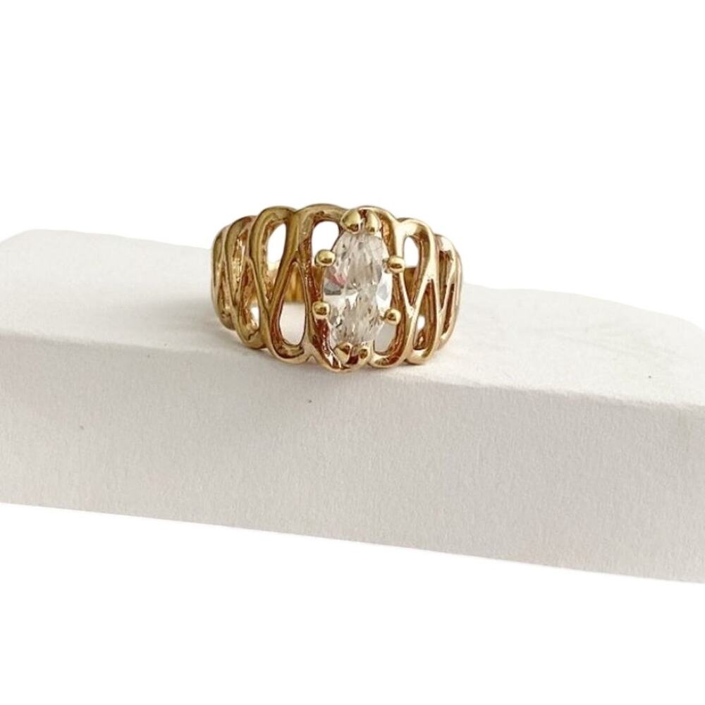 14Kt Gold Plated Clear Marquise Cut Crystal Crown Ring Size 8 Vintage 90s NEW